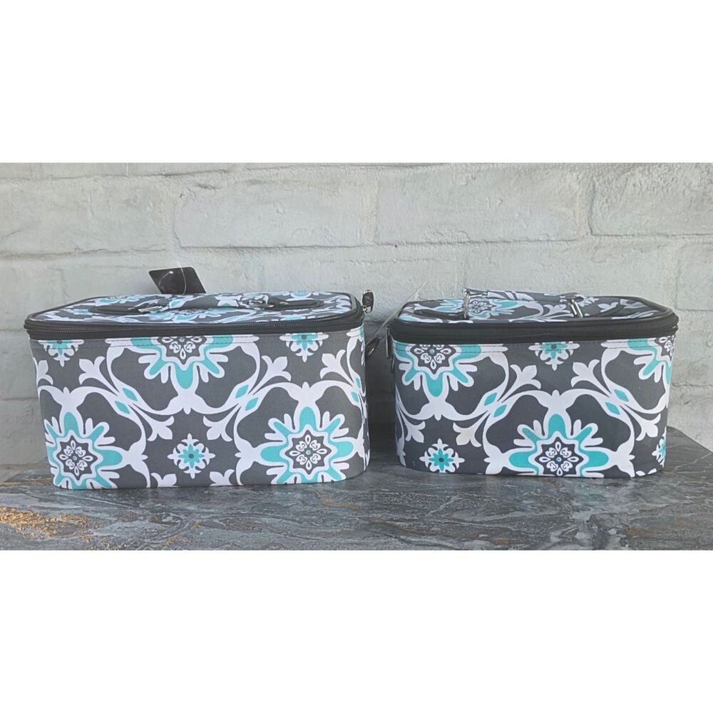 N Gil Damask Bliss Traveling Cosmetic Pouch Train Case Set of 2 Grey Teal FLAW
